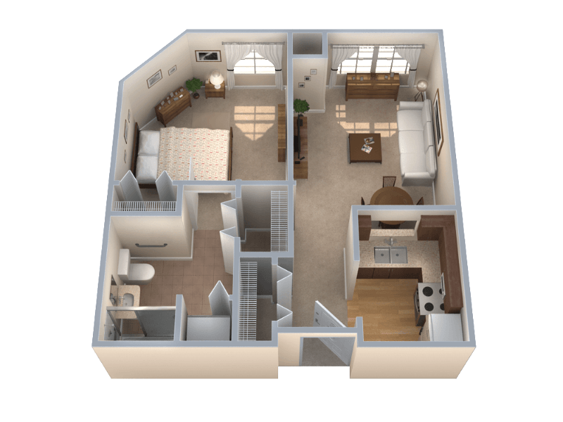 Floor plan rendering of a one-bedroom apartment with a bedroom, living room, kitchen, bathroom, and entryway, featuring furniture and fixtures.