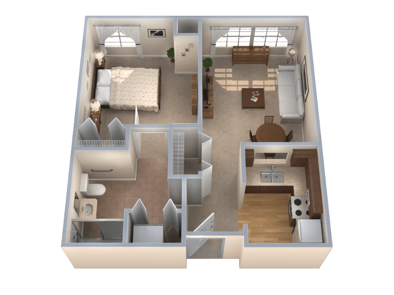 Floor plan of an apartment with a bedroom, bathroom, living area, dining area, and kitchen, shown in a 3D rendered perspective.