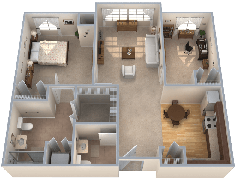 Floor plan of a two-bedroom apartment with a living room, dining area, and kitchen, rendered with furniture.