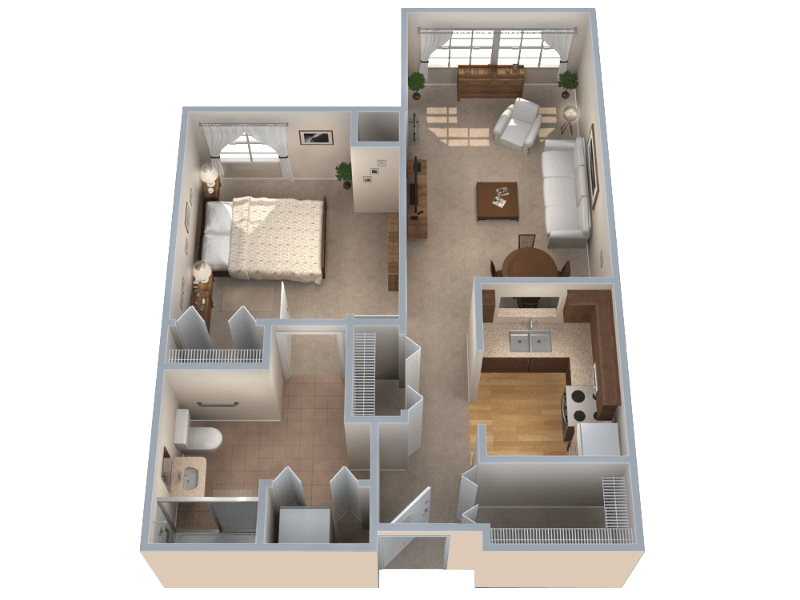 Floor plan of a one-bedroom apartment with a living room, kitchen, bedroom, and bathroom. Beige walls and tan flooring are visible.