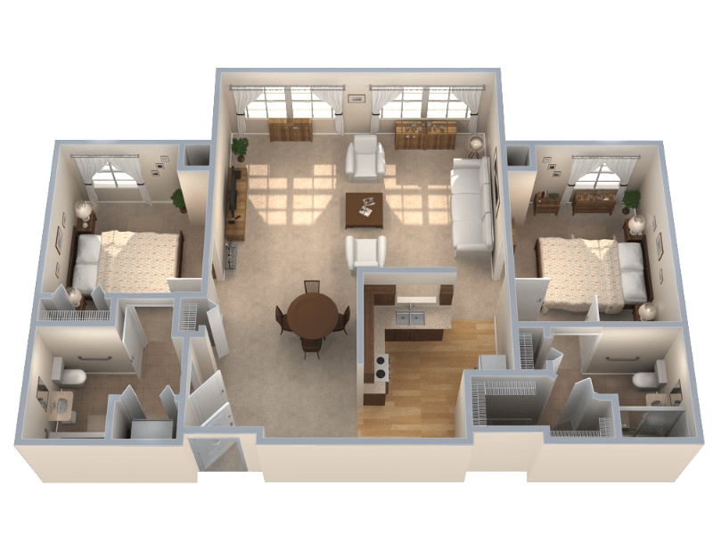 Floor plan of an apartment with two bedrooms, living room, dining area, and kitchen. Furnished with beige and neutral color scheme.