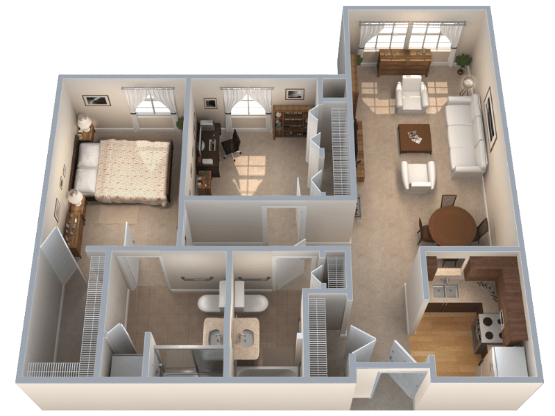Floor plan of an apartment. Features a bedroom, study, living room, kitchen, and two bathrooms. Neutral tones used throughout.