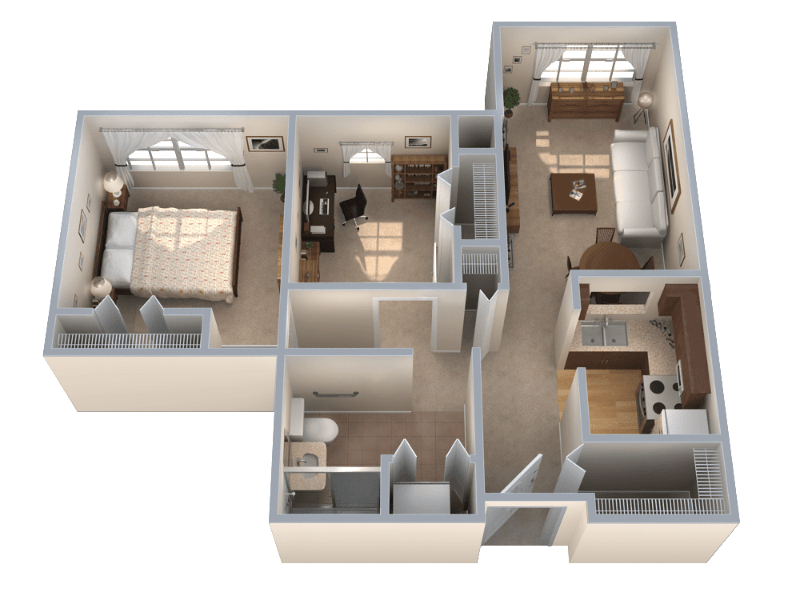 Floor plan of a one-bedroom apartment. Features bedroom, bathroom, kitchen, living area, and office space.