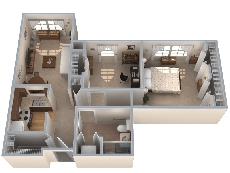 Floor plan of an apartment. The layout includes a kitchen, living room, bedroom, and bathroom, with furnishings visible.