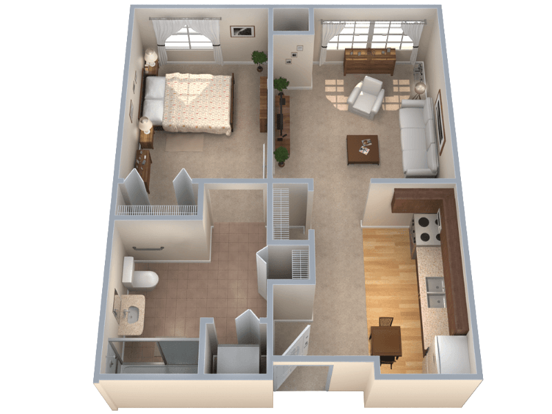 3D floor plan of an apartment with bedroom, living area, kitchen, and bathroom; furnished with neutral colors.