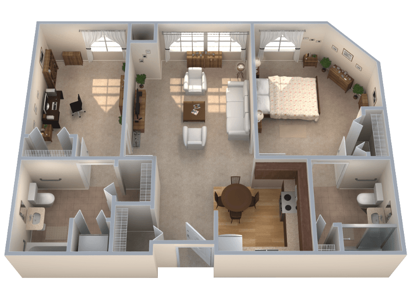 Floor plan of an apartment with two bedrooms, a living room, and a kitchen. Furnishings are visible throughout, including furniture and appliances.