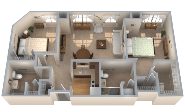 3D rendering of a two-bedroom apartment floor plan with furniture. Features include a living room, dining area, kitchen, two bedrooms, and two bathrooms.