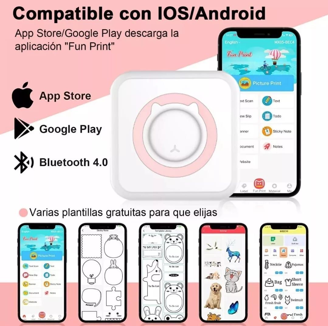 Mini Impresora Portátil De Impresión Térmica + 1 Rollo De Papel Térmico (Normal) + 1 Rollo De Papel Térmico Adhesivo