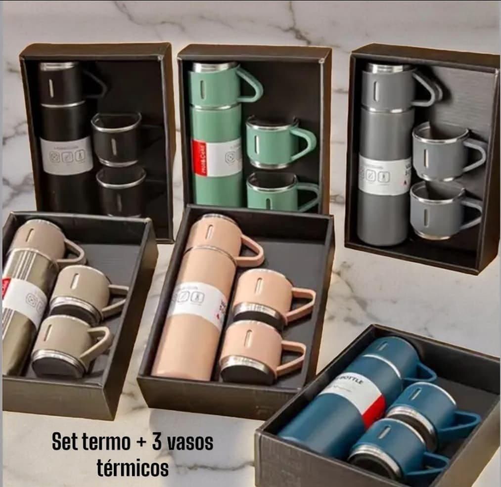 Termo de Acero Inoxidabole Set con 3 tazas para Caliente o Frio