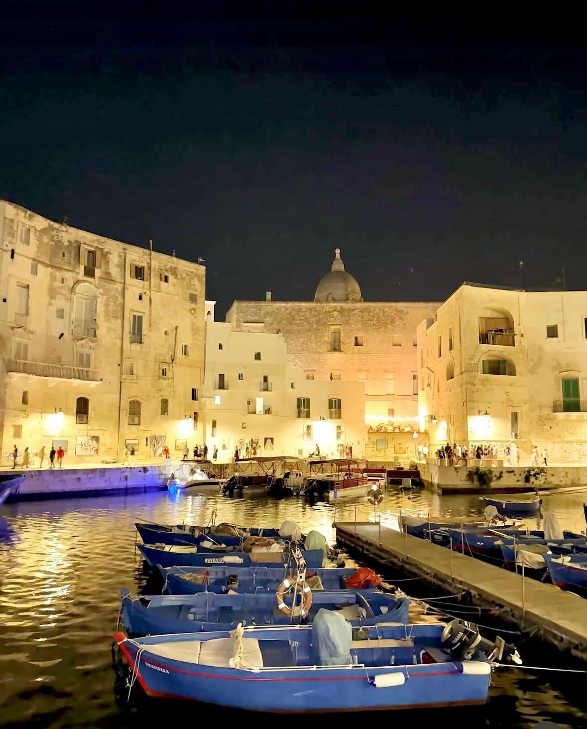 Barche attraccate in un porto di notte, con edifici illuminati sullo sfondo.