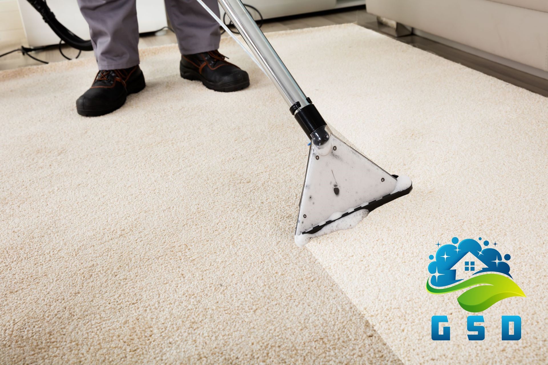 A person cleaning a light-colored carpet with a professional cleaning machine.