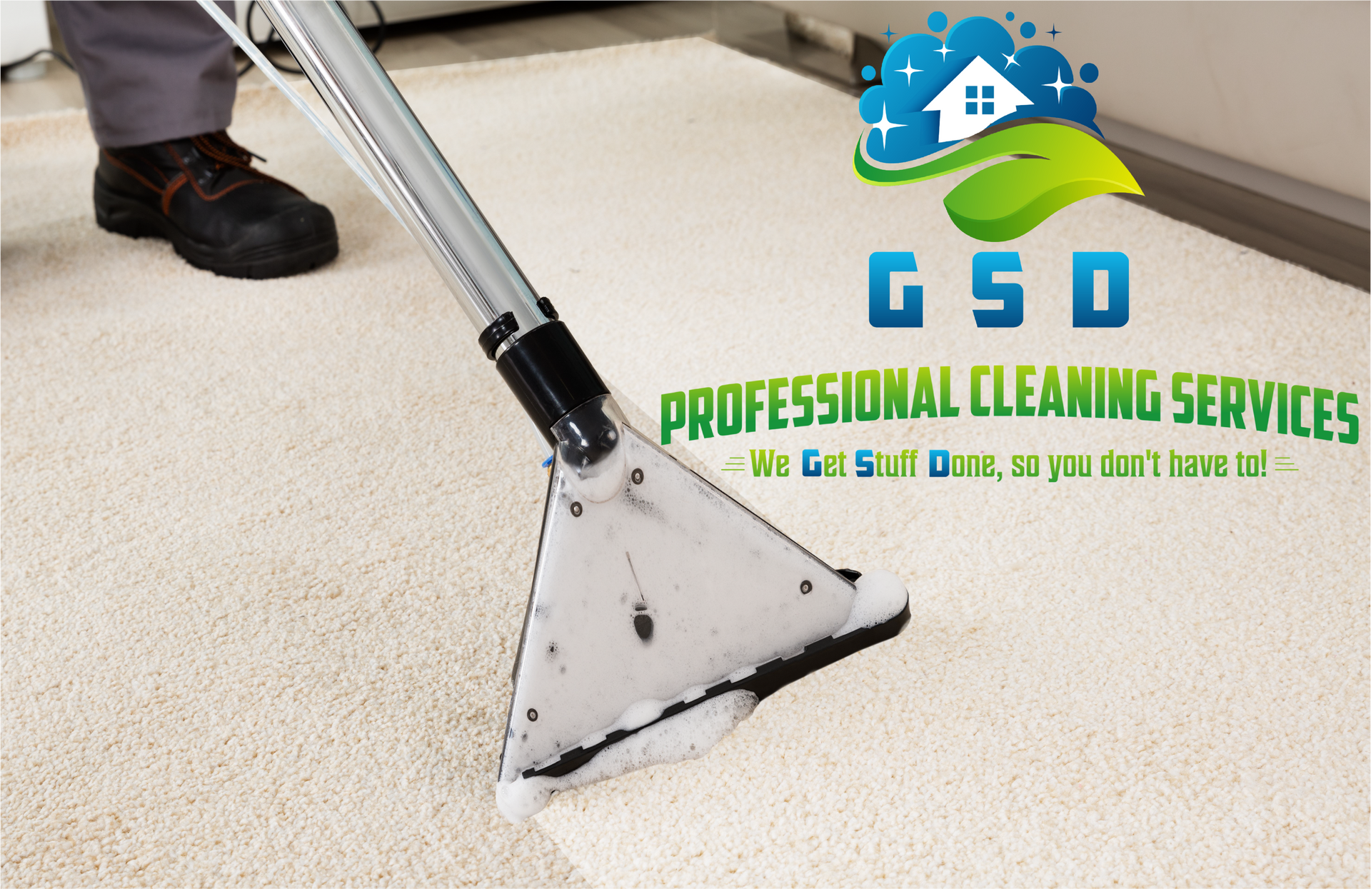 Carpet cleaning by GSD Professional Cleaning Services, showing cleaning machine removing dirt on a white rug.