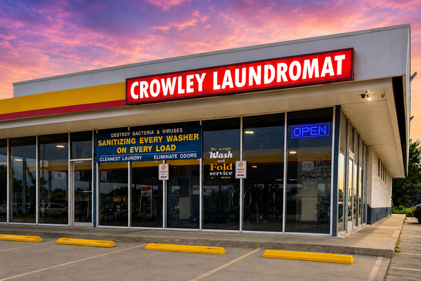 Laundry room with two front-loading washers, folding table, and a tiled floor near glass doors