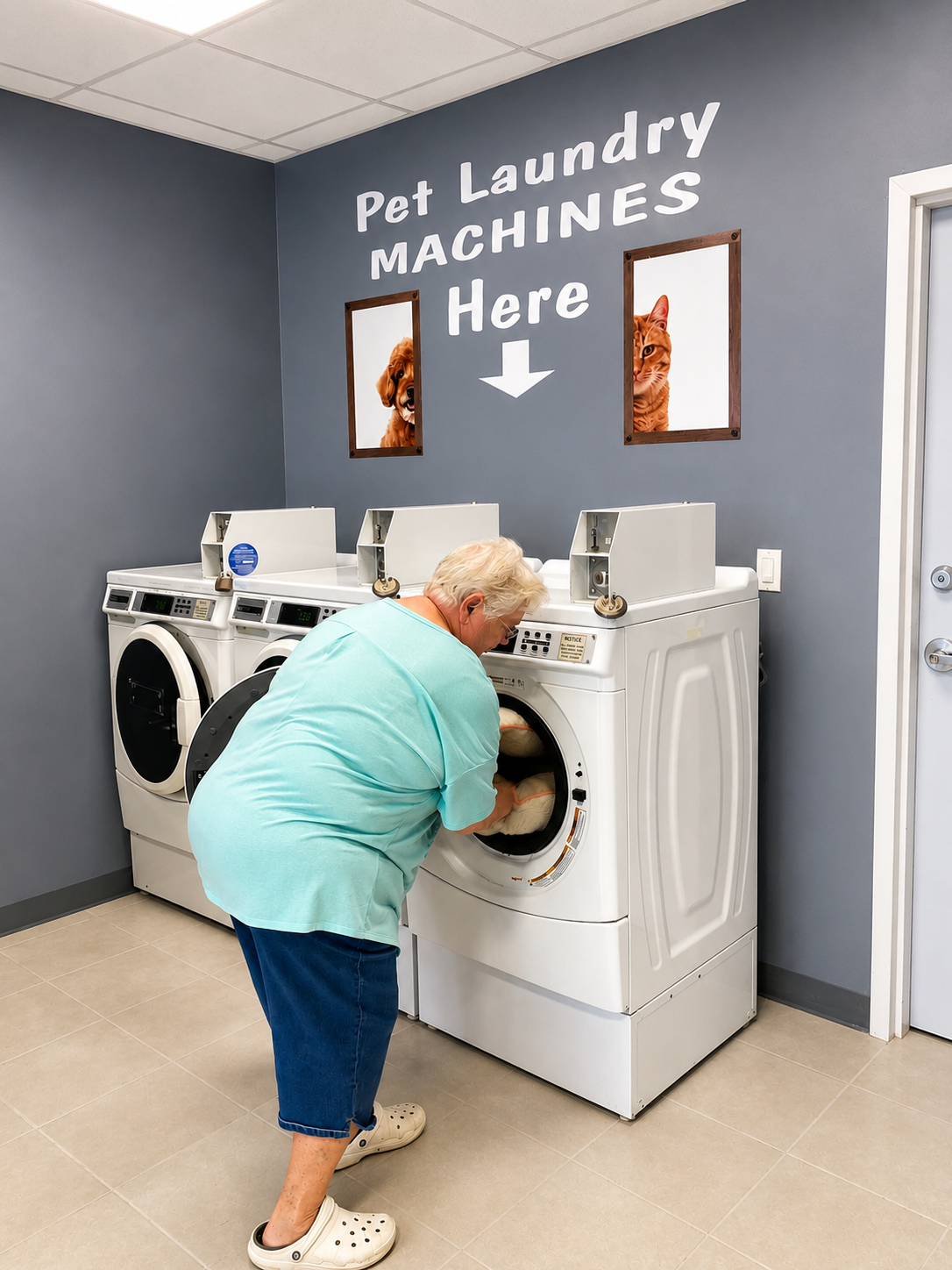 Woman sitting on the floor with laundry basket beside two front-loading washers and a large white dog