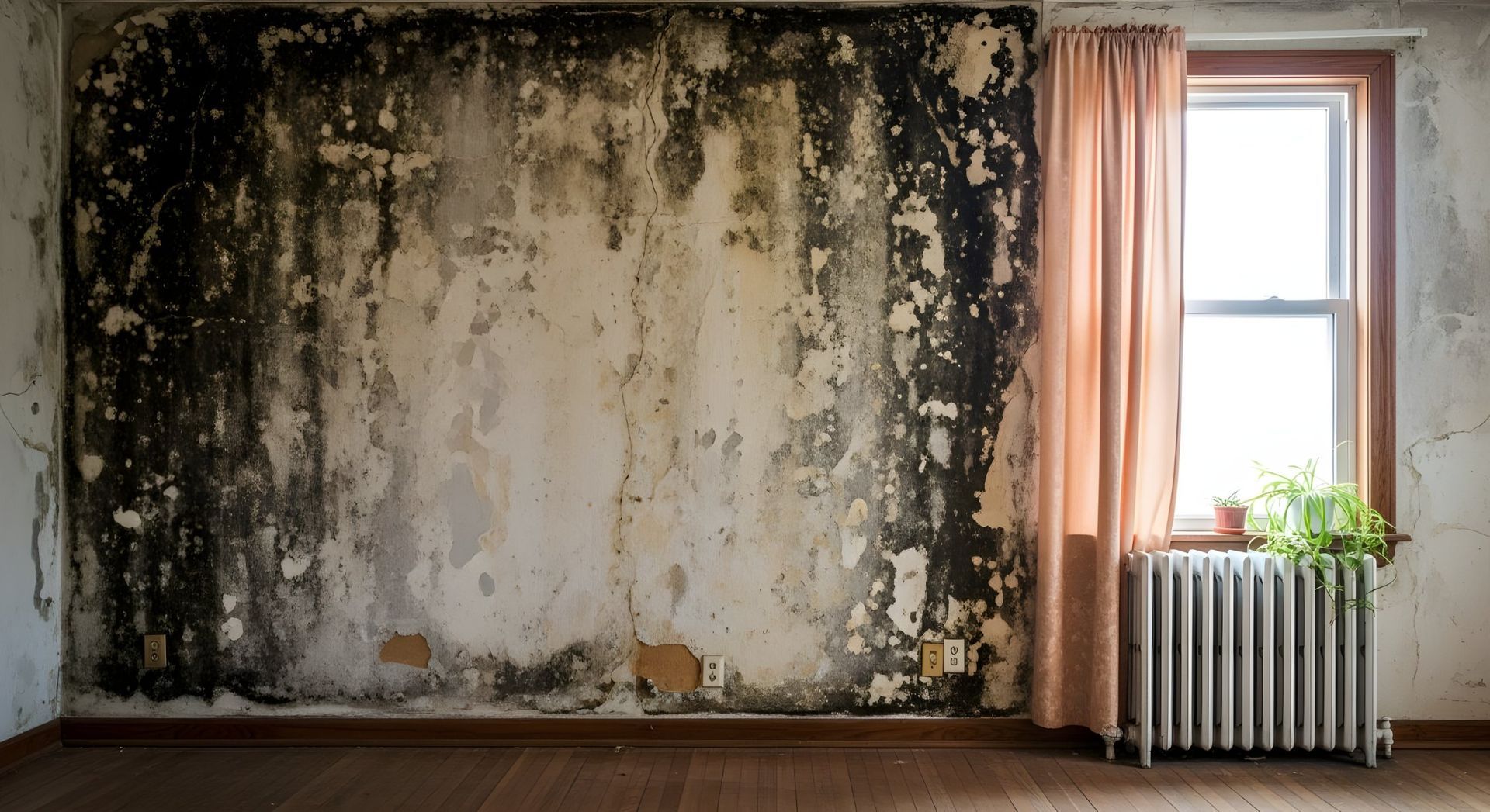 Mold-damaged wall in a room with a window, pink curtain, and radiator.