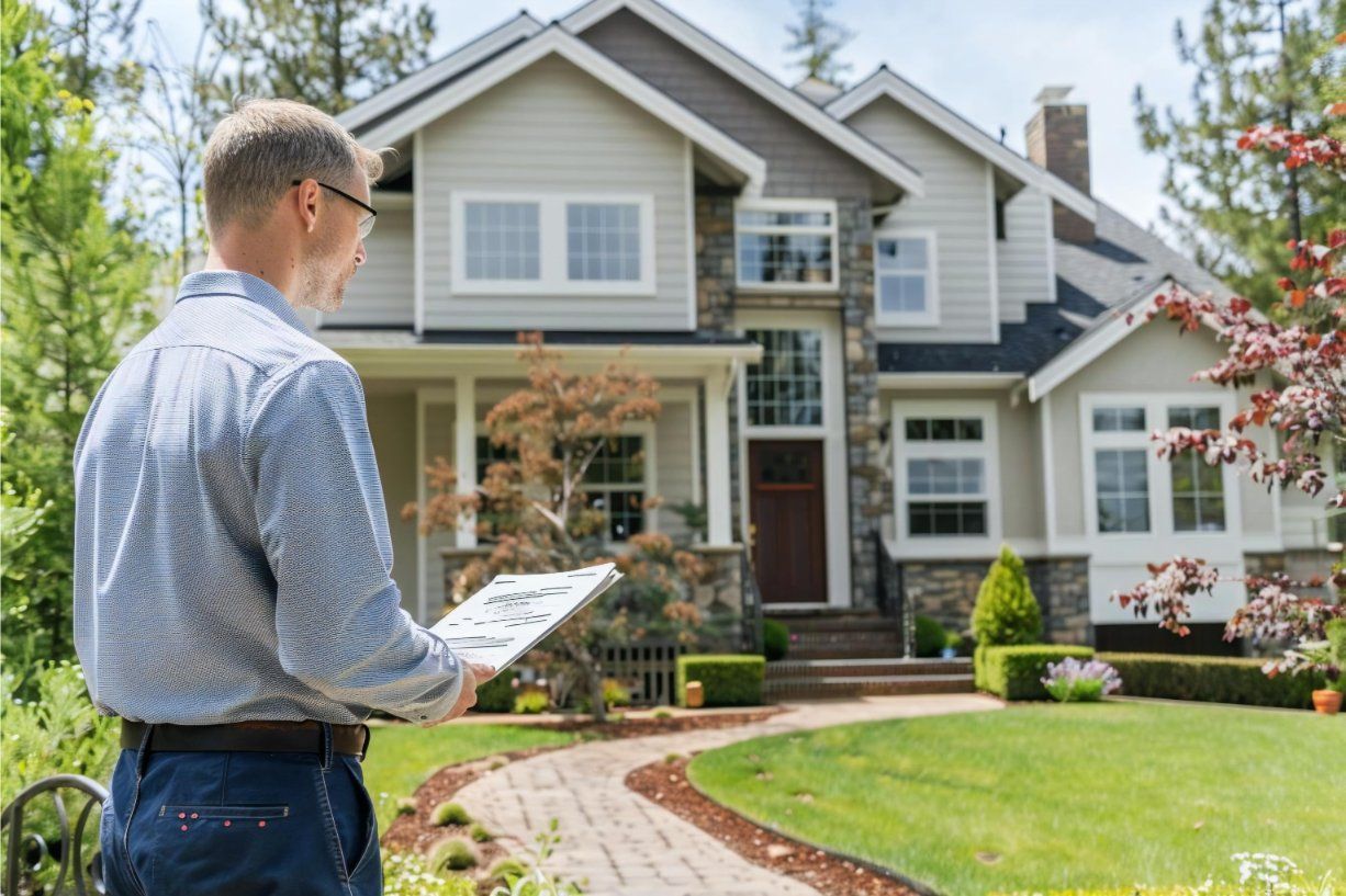 Man with glasses holding papers in front of a two-story house with a stone and gray facade.