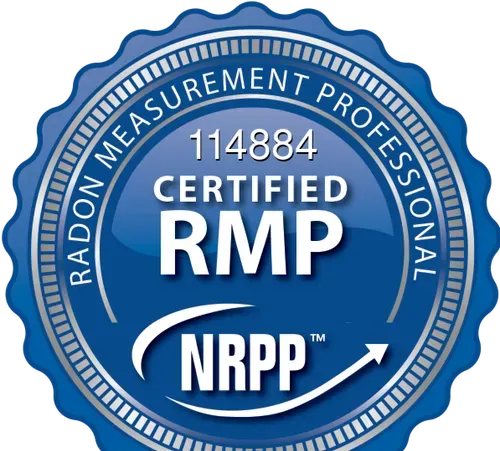 Blue seal: "Radon Measurement Professional" with "Certified RMP" and N.R.P.P. logo.