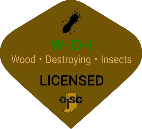 Brown diamond sign with "W-D-I" (Wood Destroying Insects) and a termite graphic, indicating a licensed service in Indiana.
