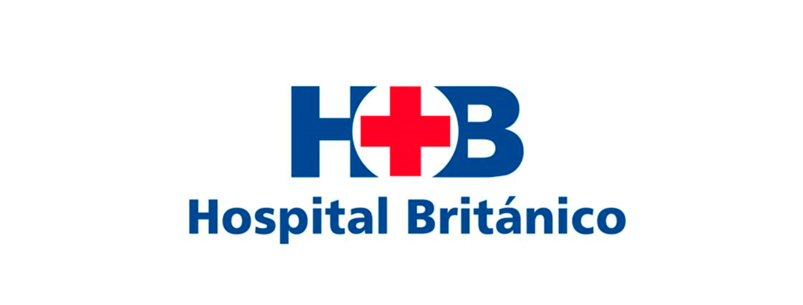 Logotipo del Hospital Británico: Letras azules "H+B" con una cruz roja. Debajo, el texto "Hospital Británico" en azul.