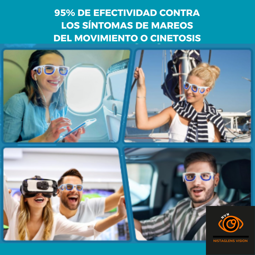 A collage of people wearing glasses with the words 95 % de efectividad contra los sintomas de mareos del movimiento o cinetosis