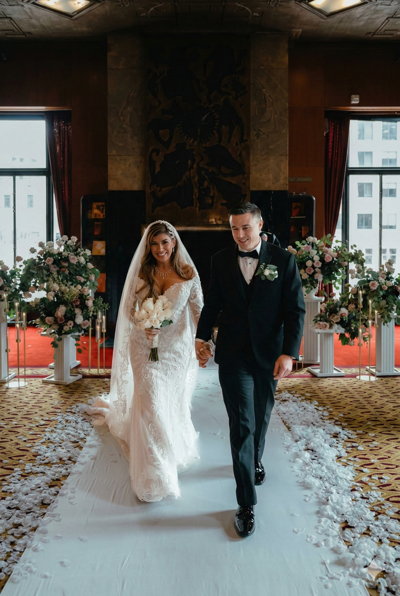 A bride and groom are dancing in front of sparklers at their wedding reception.