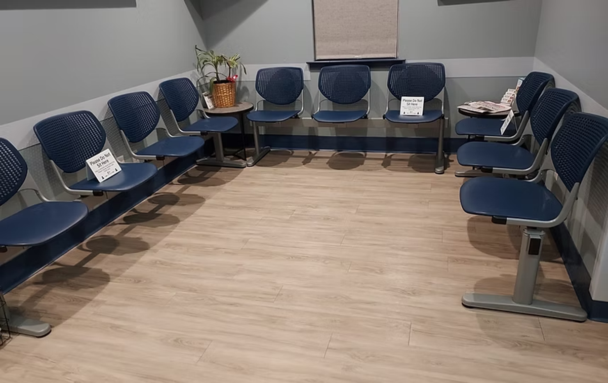 A row of blue chairs are lined up in a waiting room.