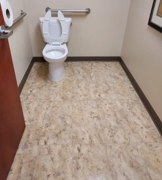 Toilet in a small restroom with beige walls, vinyl flooring, and a grab bar.