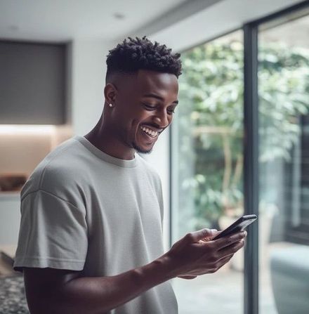 A man is smiling while looking at his cell phone