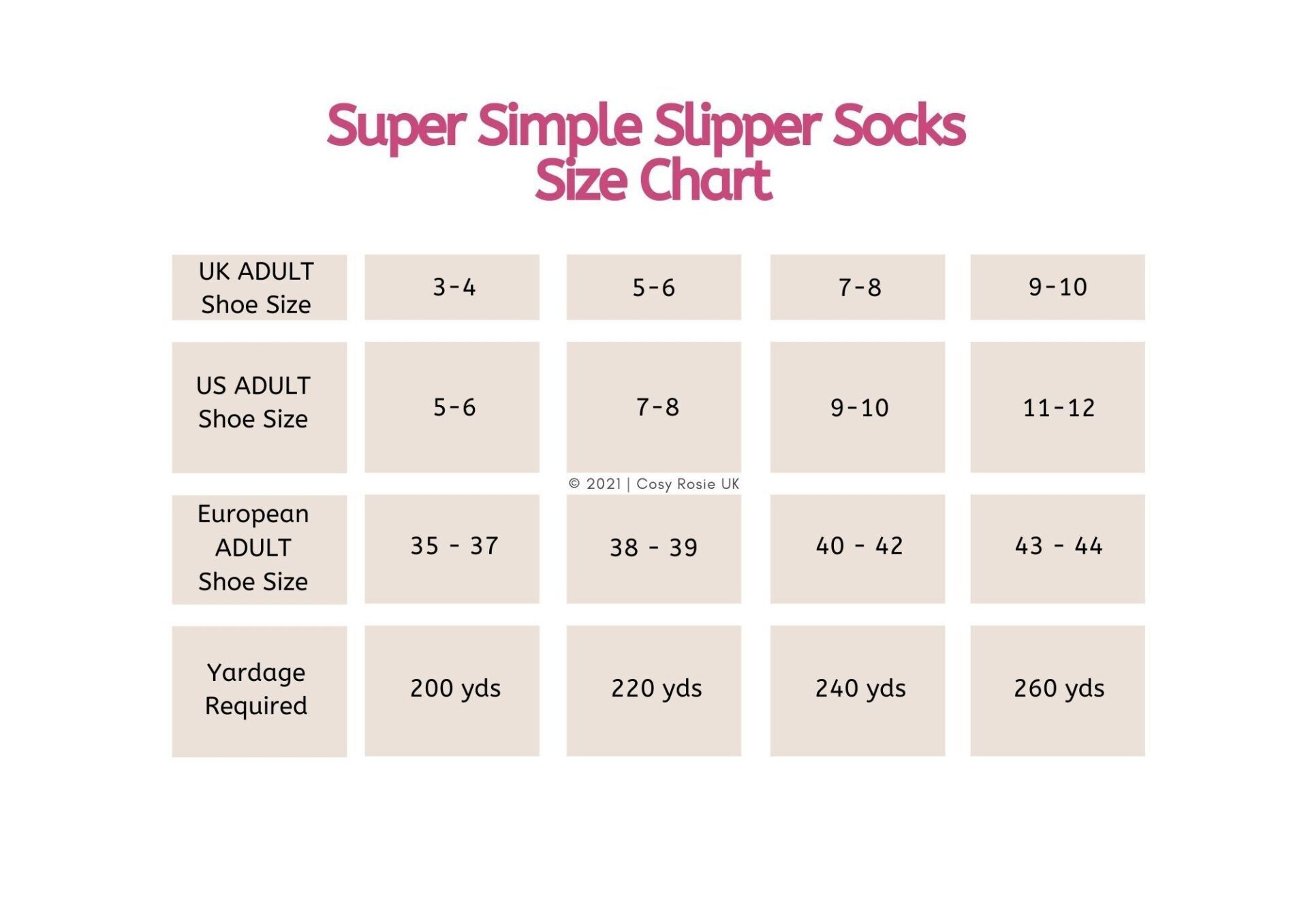 Womens crochet Slipper Size Chart