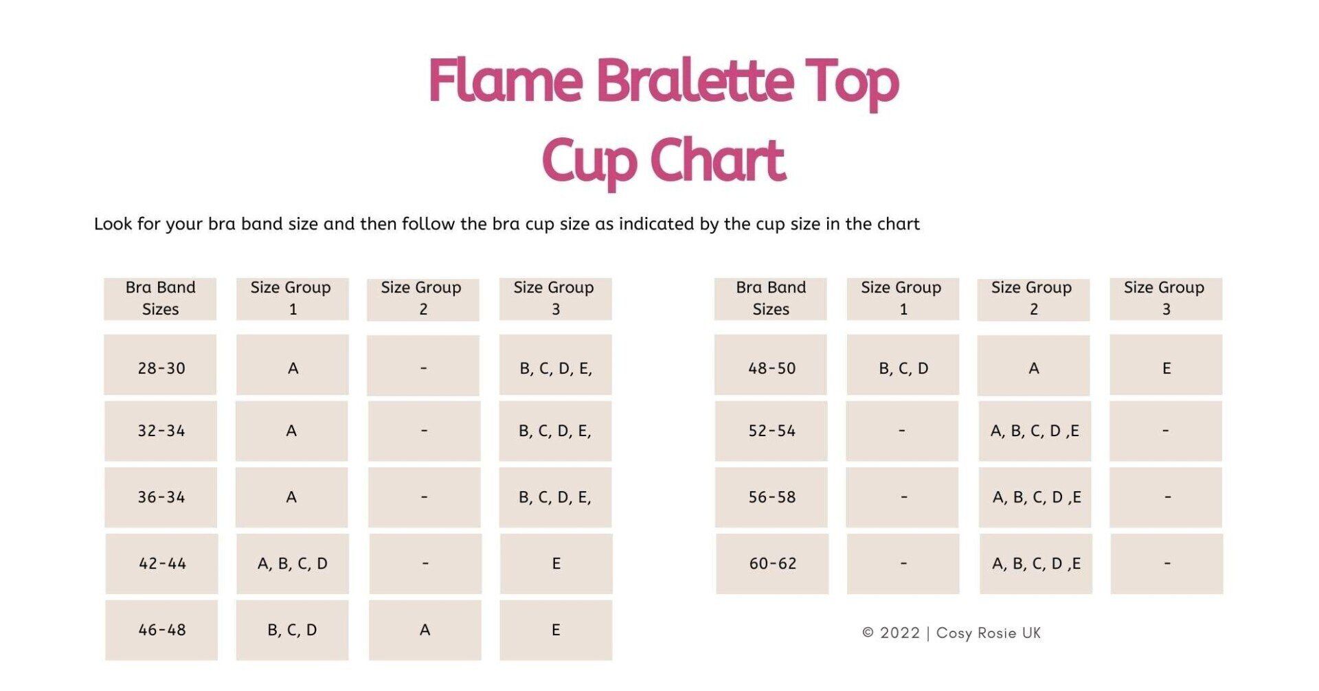 Crochet bralette Cup Size Chart