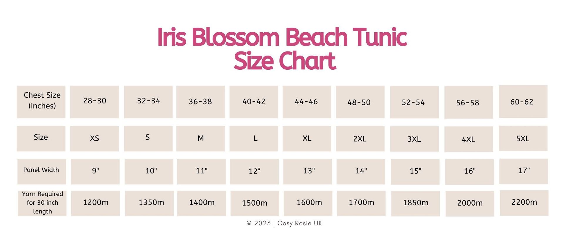 Size Chart for Crochet Beach Coverup
