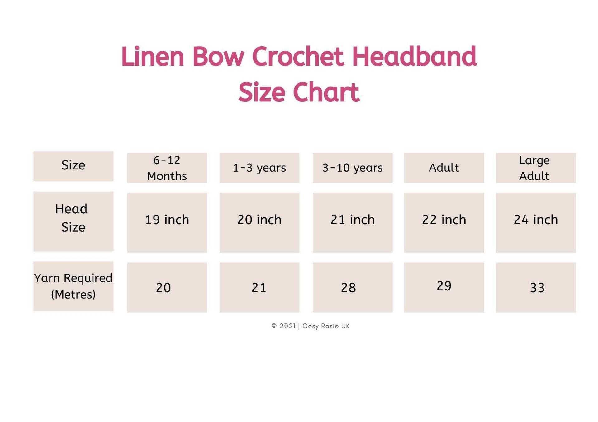 Bow Crochet Headband Pattern Size Chart