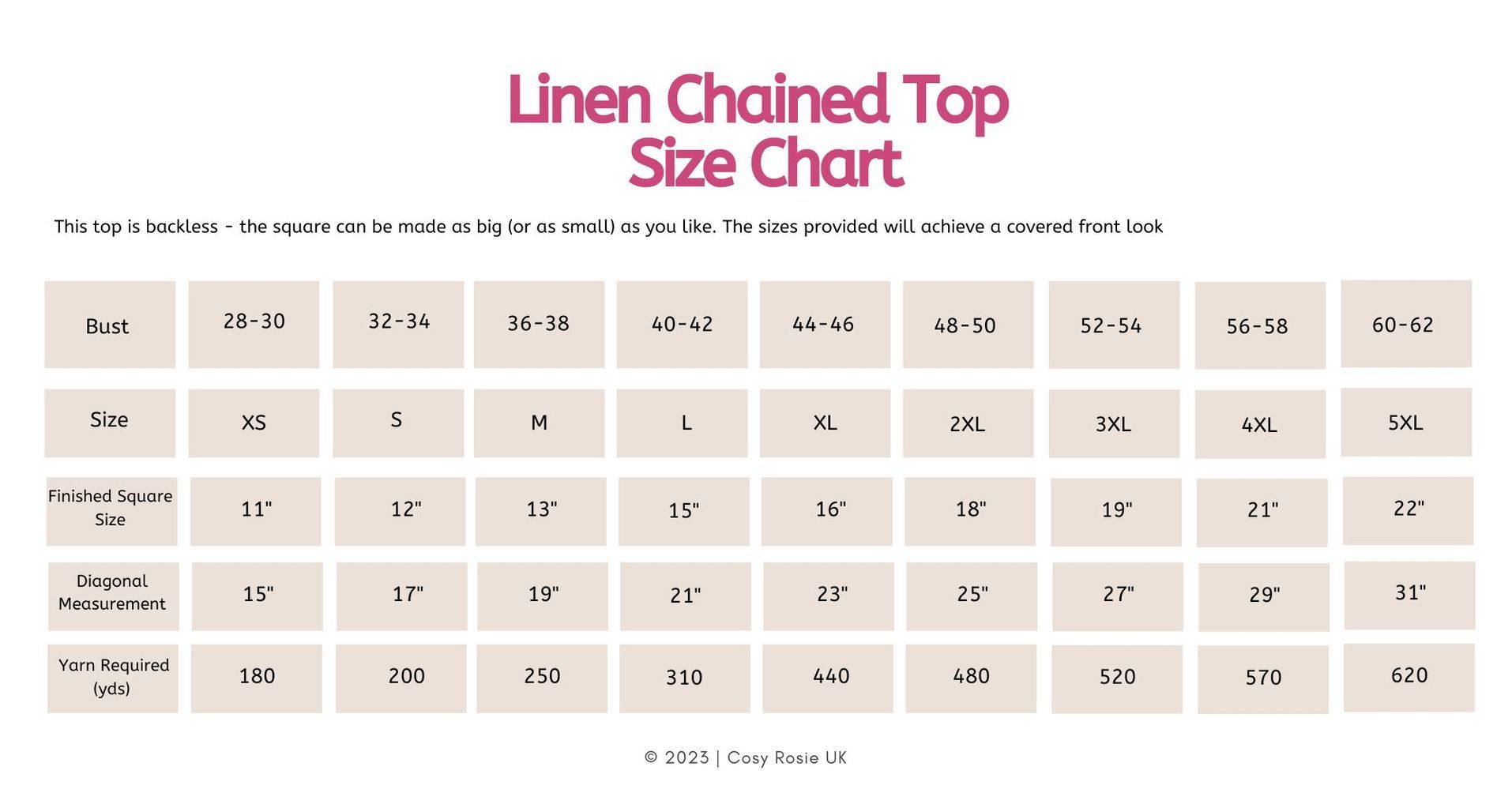 Easy backless crochet top size chart