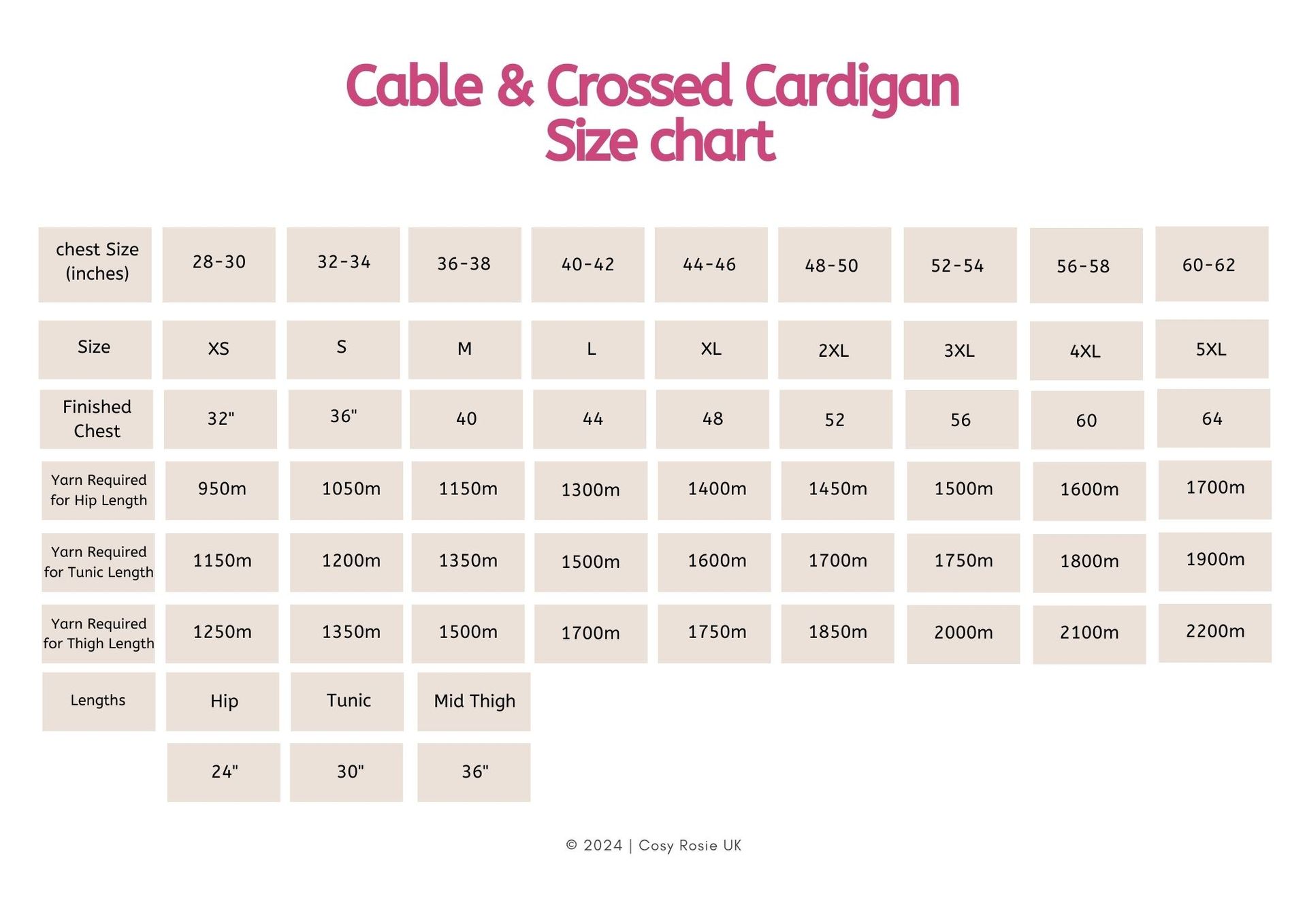 Crochet cardigan size chart