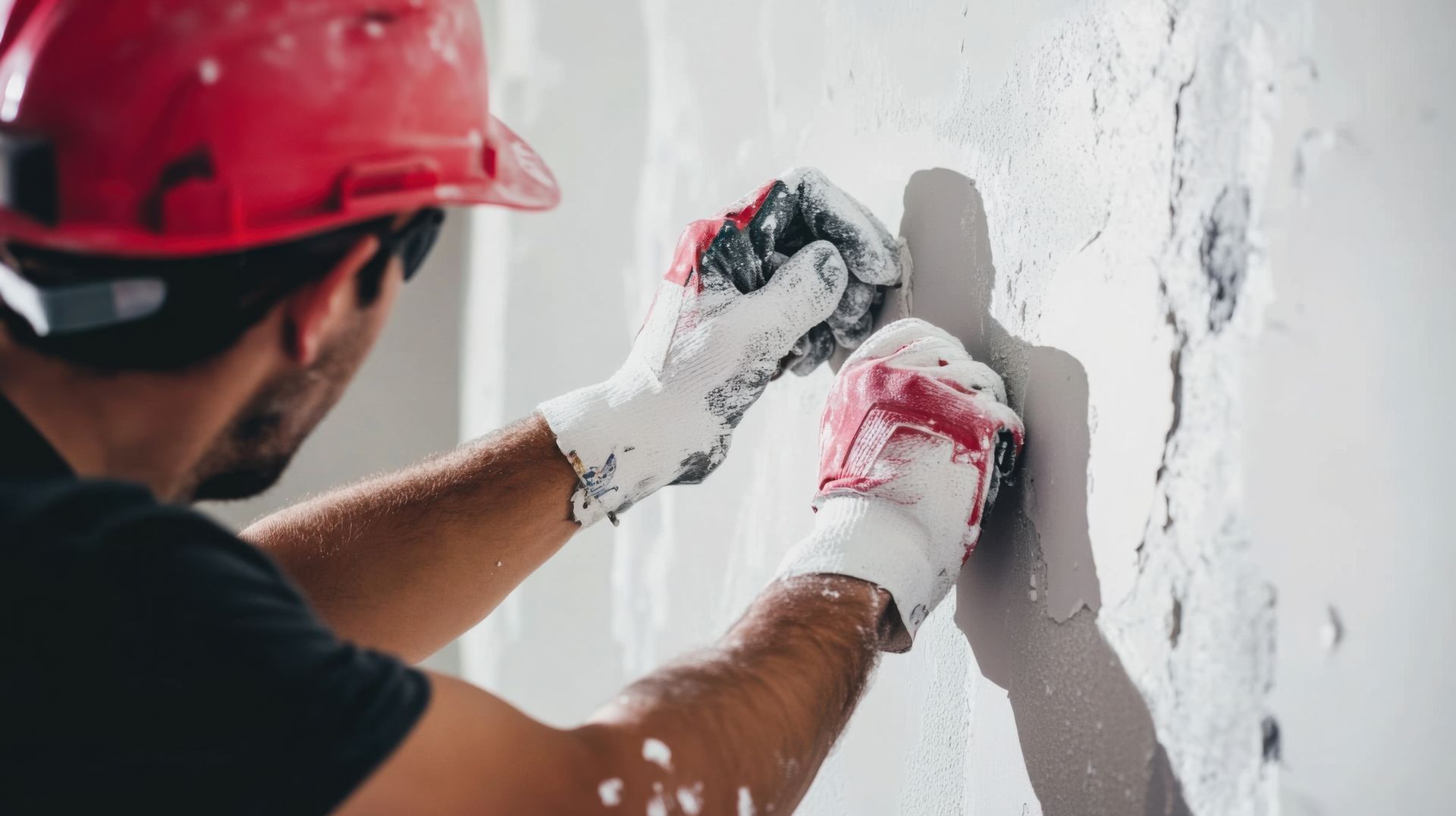 A man wearing a hard hat and gloves is plastering a wall.