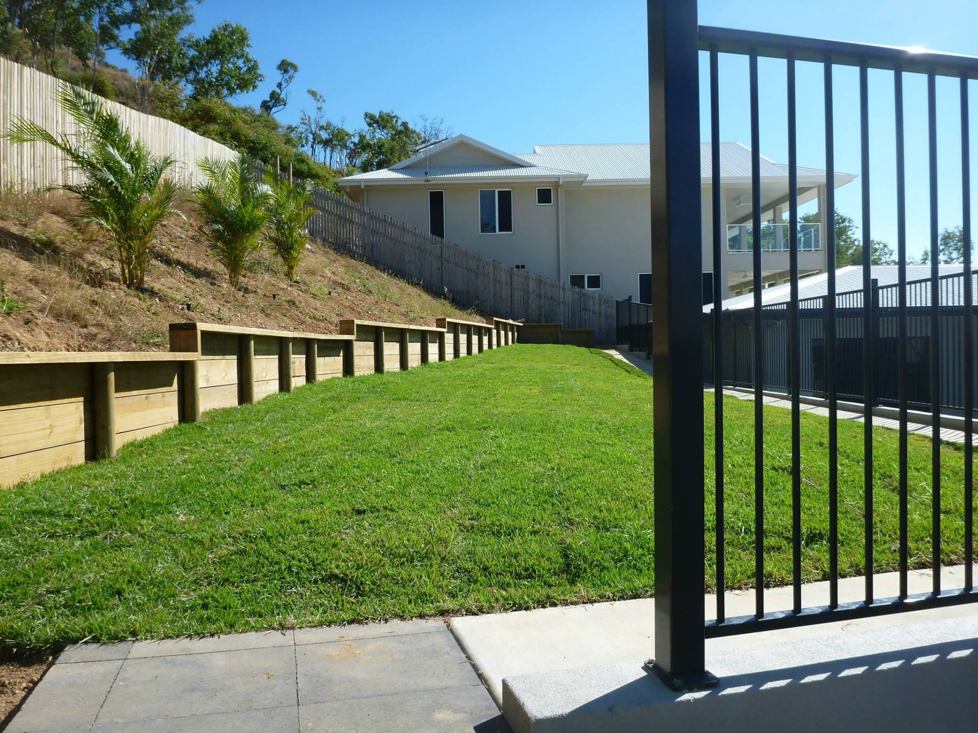 Timber Retaining Walls and Turf — Lynams Landscapes Pty Ltd in Jensen, QLD