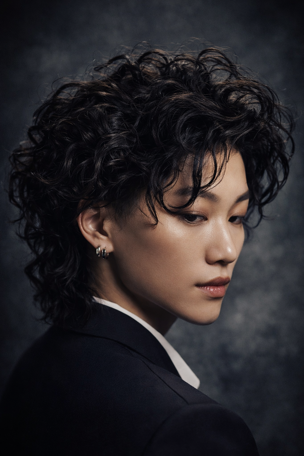 Vrouw in rode jas en zonnebril kijkt over haar schouder; modern gebouw op de achtergrond.