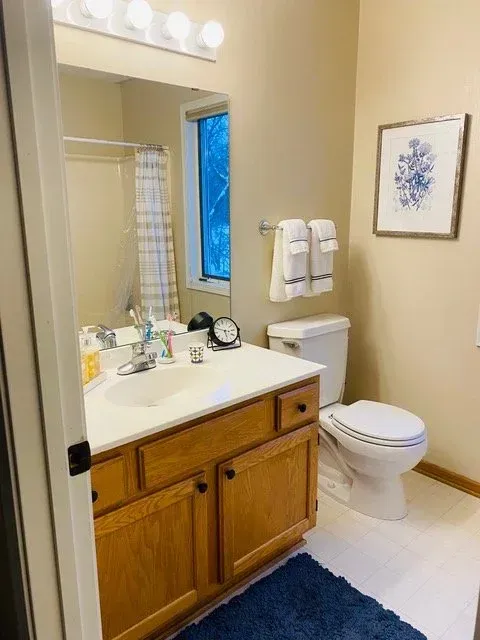 Bathroom with light wood vanity, white sink, and blue accents. Includes a toilet and a framed blue floral art piece.