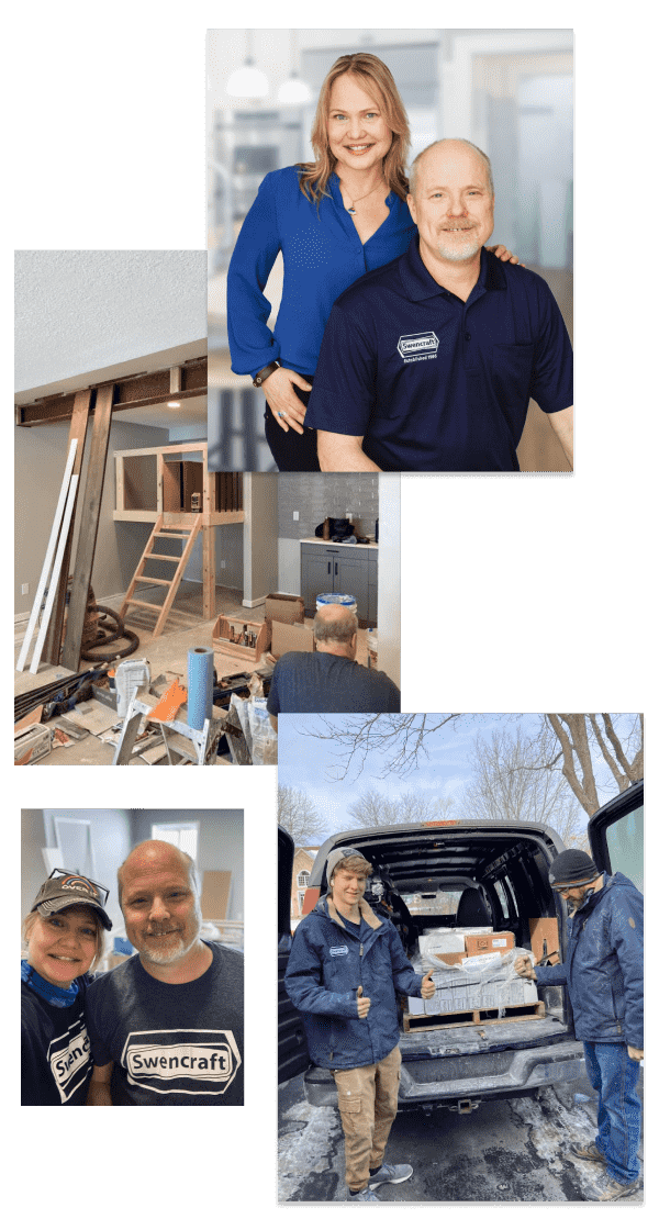 Couple posing, construction in progress, workers loading materials.