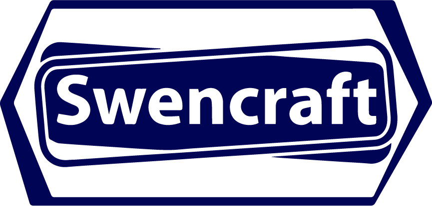 Swencraft logo with white text on a blue background within a hexagonal shape.