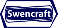 Swencraft logo with white text on a blue background within a hexagonal shape.