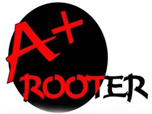 a black and red logo that says a + rooter