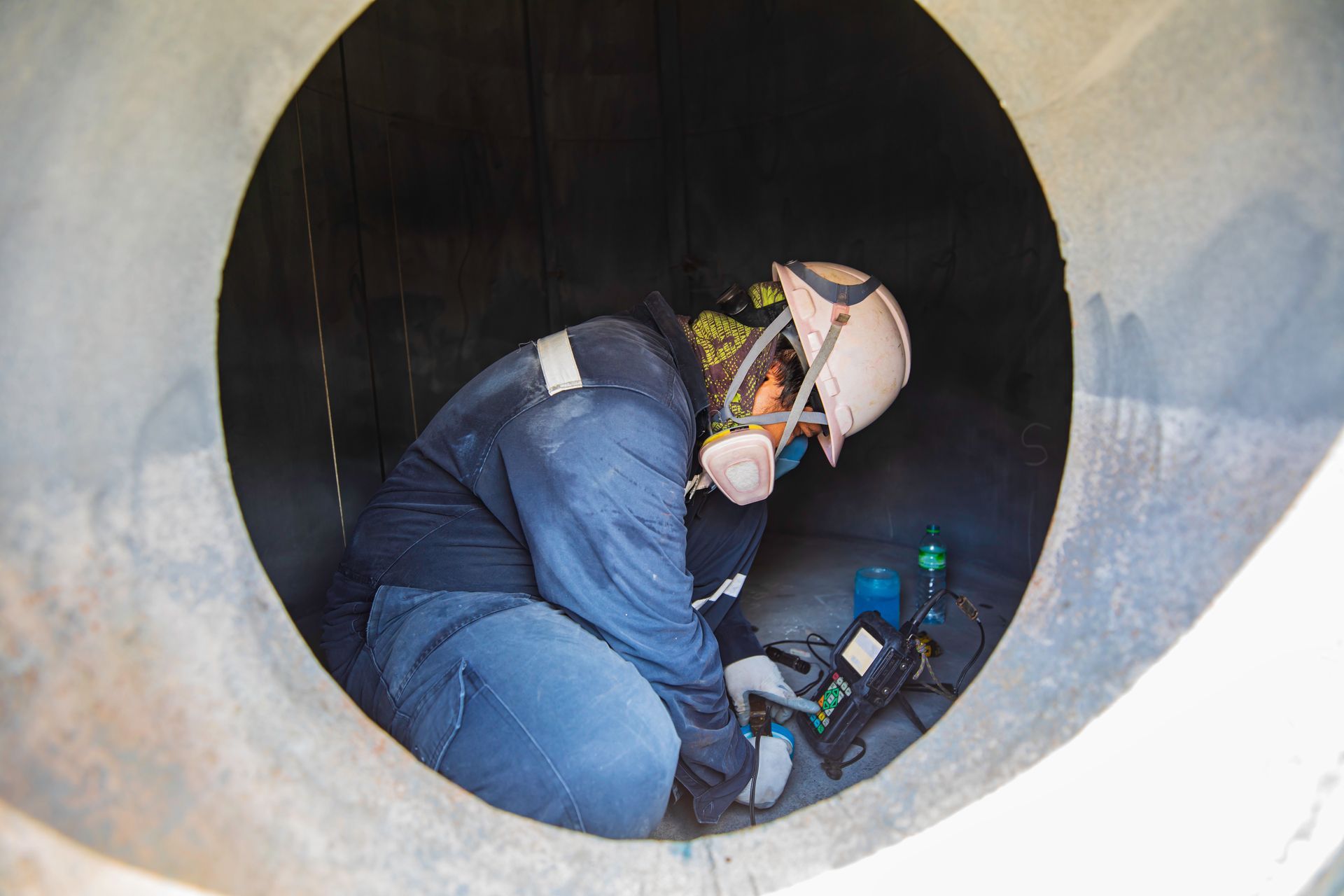 a man is kneeling down in a hole in a pipe .