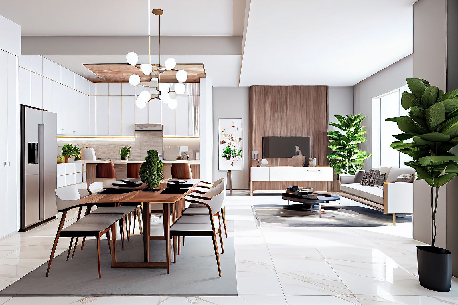 There is a dining table and chairs in the middle of the room.