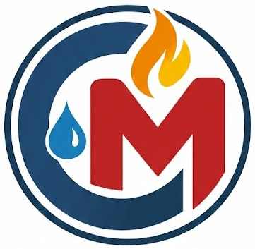 Logo circolare blu con una M rossa, una fiamma arancione e una goccia d'acqua blu su sfondo bianco.