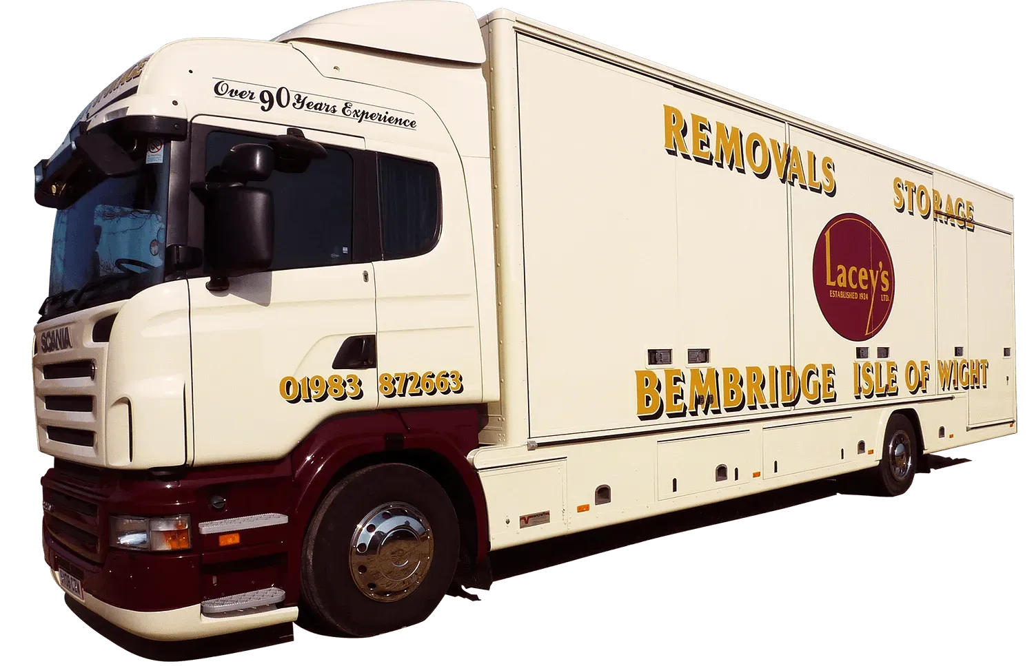 Cream and burgundy removals truck with 