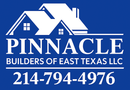 Logo for Pinnacle Builders of East Texas LLC, blue background, white houses, text, and phone number.