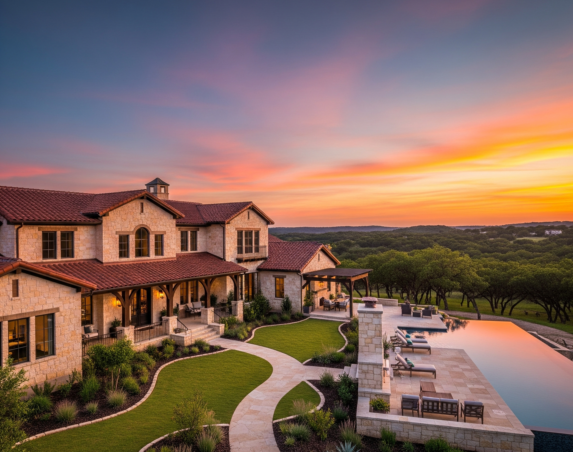 Luxury villa at sunset with infinity pool, green lawn, and colorful sky.
