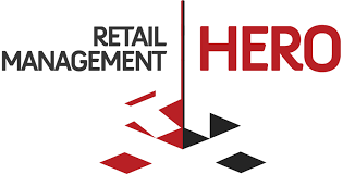 A logo for retail management hero with a red arrow pointing down.