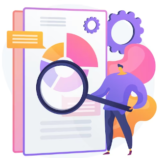 A man is holding a magnifying glass in front of a pie chart.